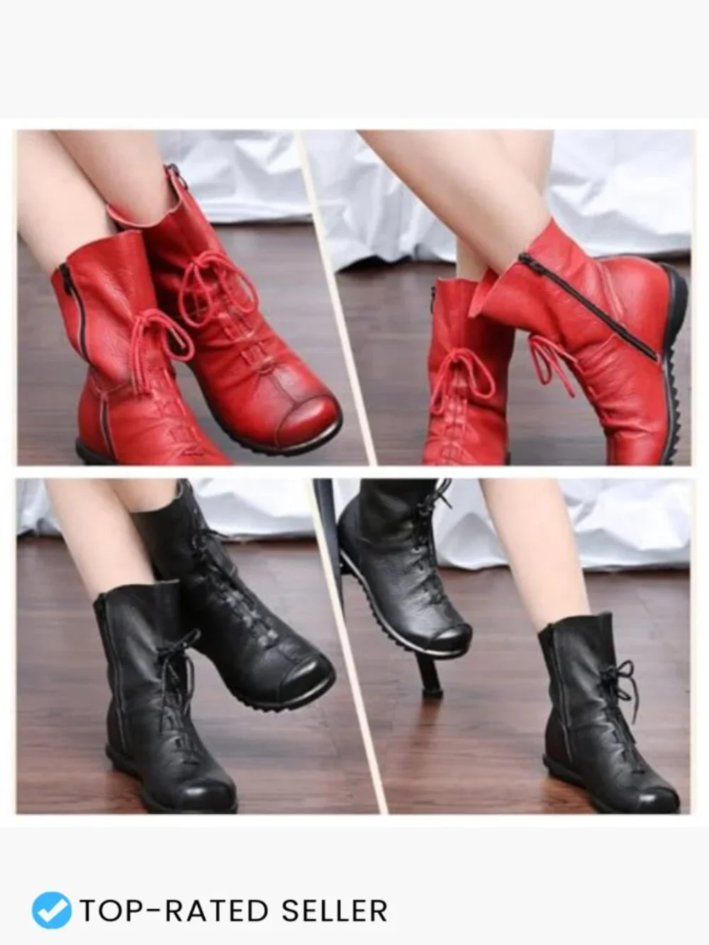 Genuine Leather Ankle Boots Handmade Historical Renaissance Style Lace Up Wedge